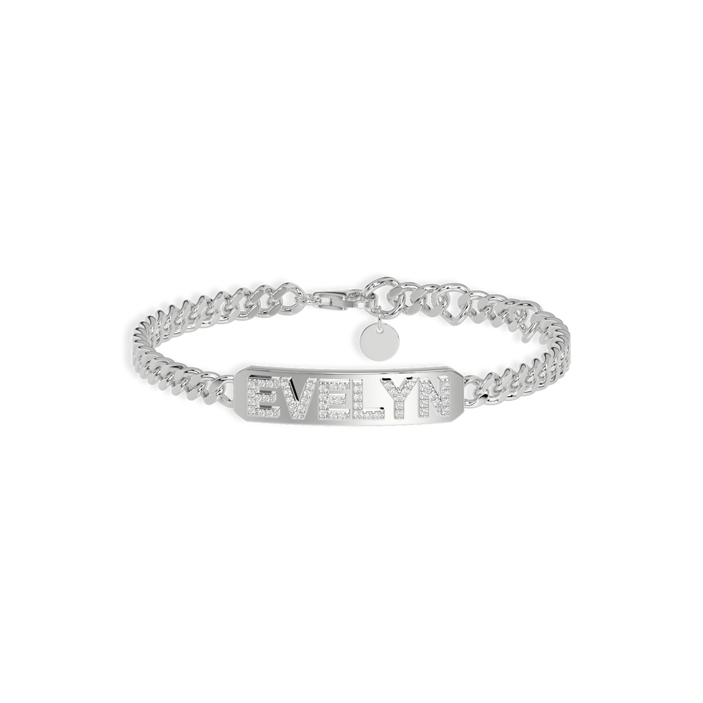 Rhodium Plated Silver Pavé Letter ID Bar Curb Chain Bracelet His & Her ID Bar AW24B001R