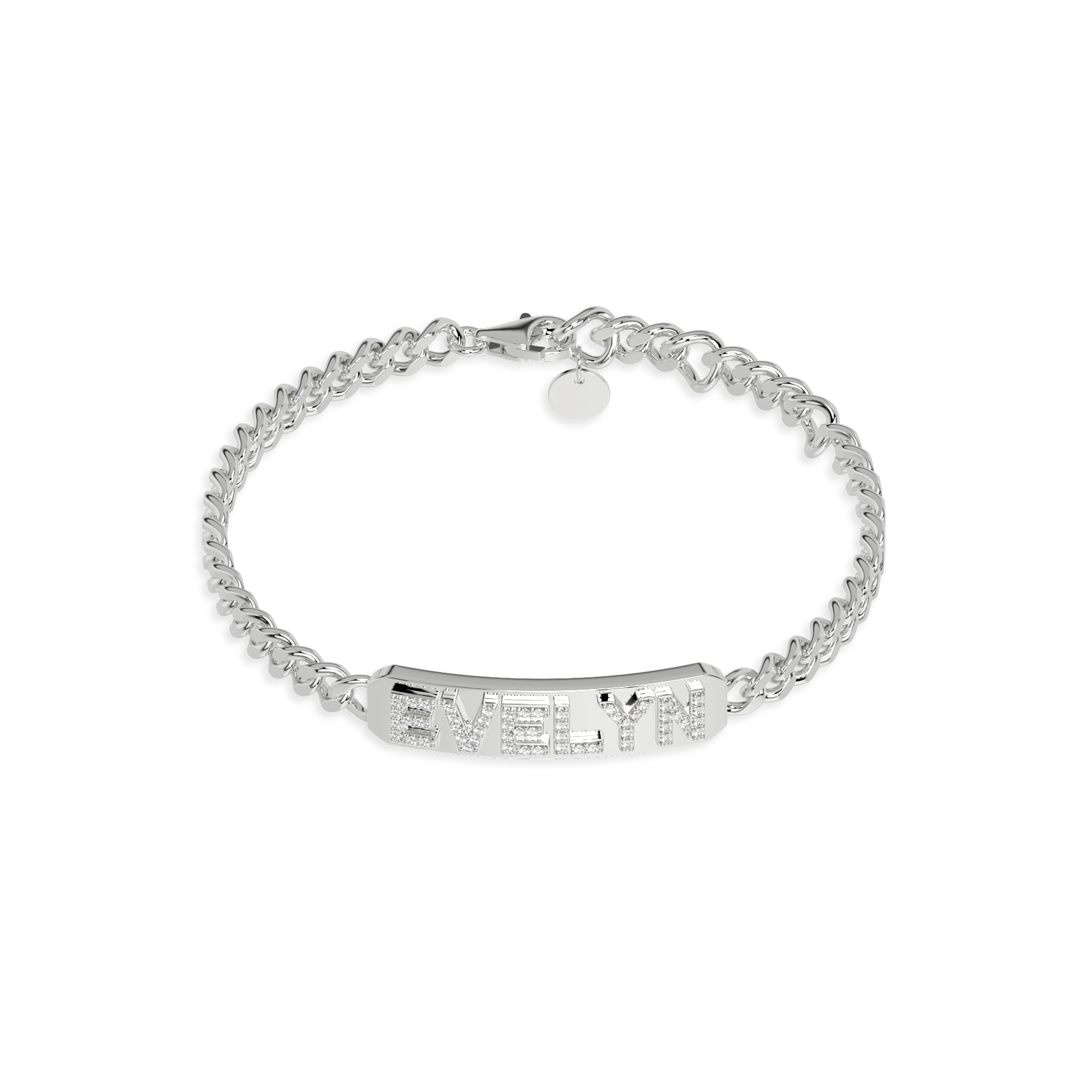 Rhodium Plated Silver Pavé Letter ID Bar Curb Chain Bracelet His & Her ID Bar AW24B001R