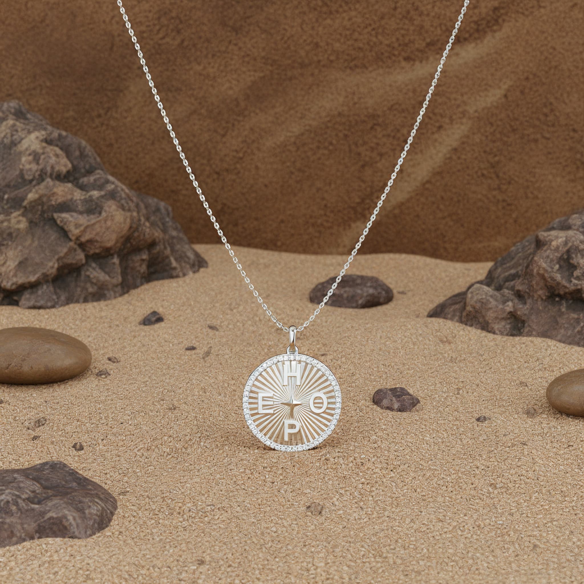 Rhodium Plated Personal Story Medallion Necklace – Lucky Symbol & Engravable（Pleated）AW24N007B
